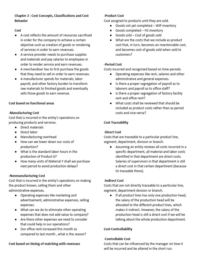 Chapter 2 - Cost Concepts, Classifications and Cost Behavior | PDF ...