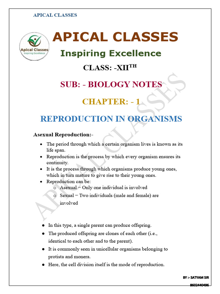 Reproduction in Organisms: Class 12 Notes | PDF | Fertilisation ...