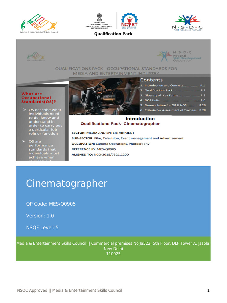 Cinematographer Qualification Pack | PDF | Cinematography | Camera