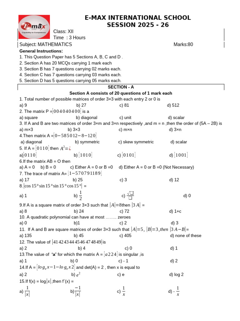Class XII Mathematics Question Paper | PDF | Matrix (Mathematics ...