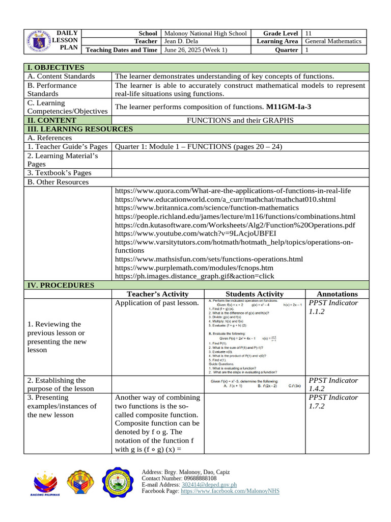 Grade 11 Functions Lesson Plan | PDF | Function (Mathematics) | Learning