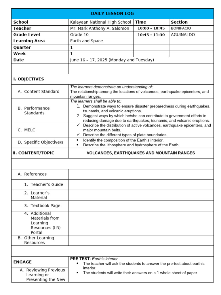Grade 10 Earth and Space Lesson Plan | PDF | Volcano | Earthquakes