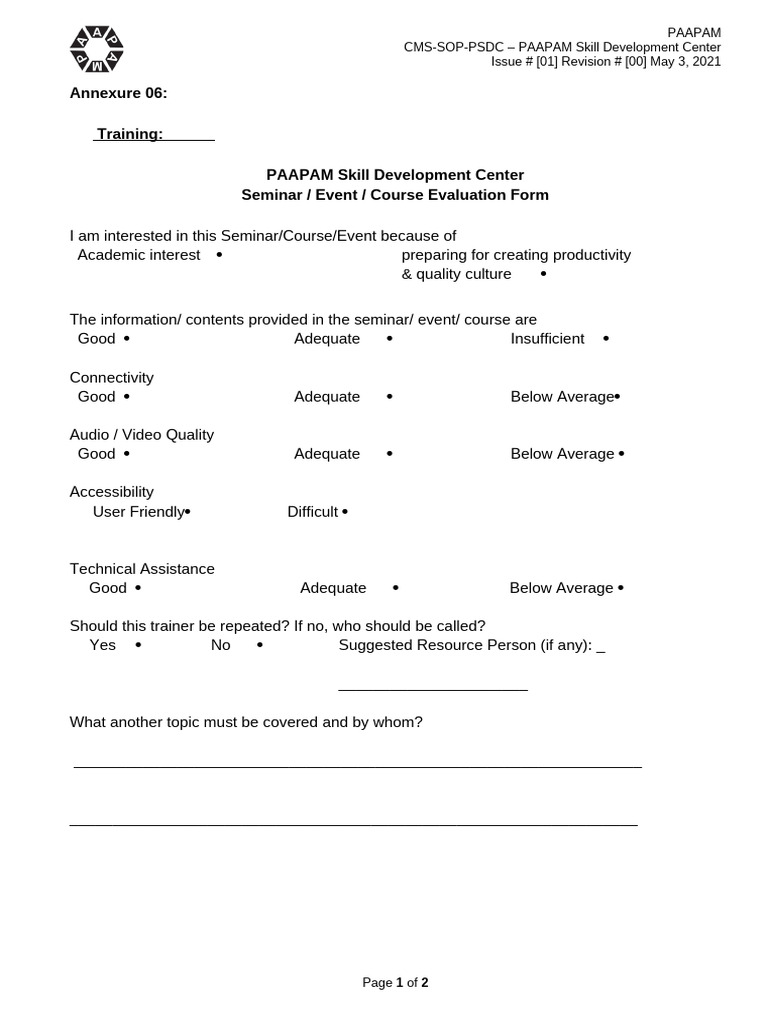 Annex - 6 Feed Back Form PSDC Seminar | PDF | Human Communication