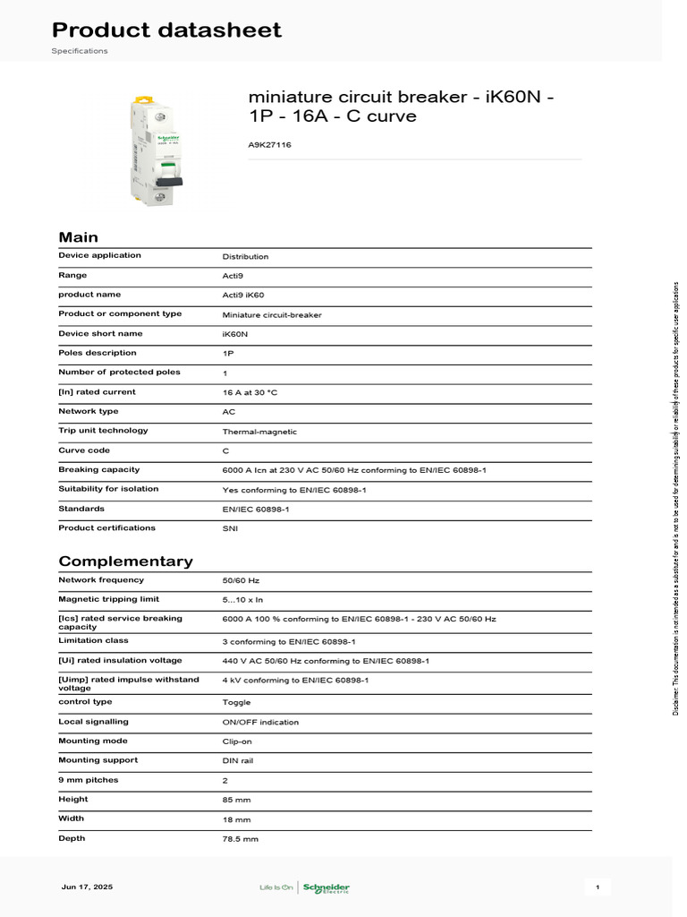 Schneider Acti9 iK60N MCB 16A Datasheet | PDF | Alternating Current ...
