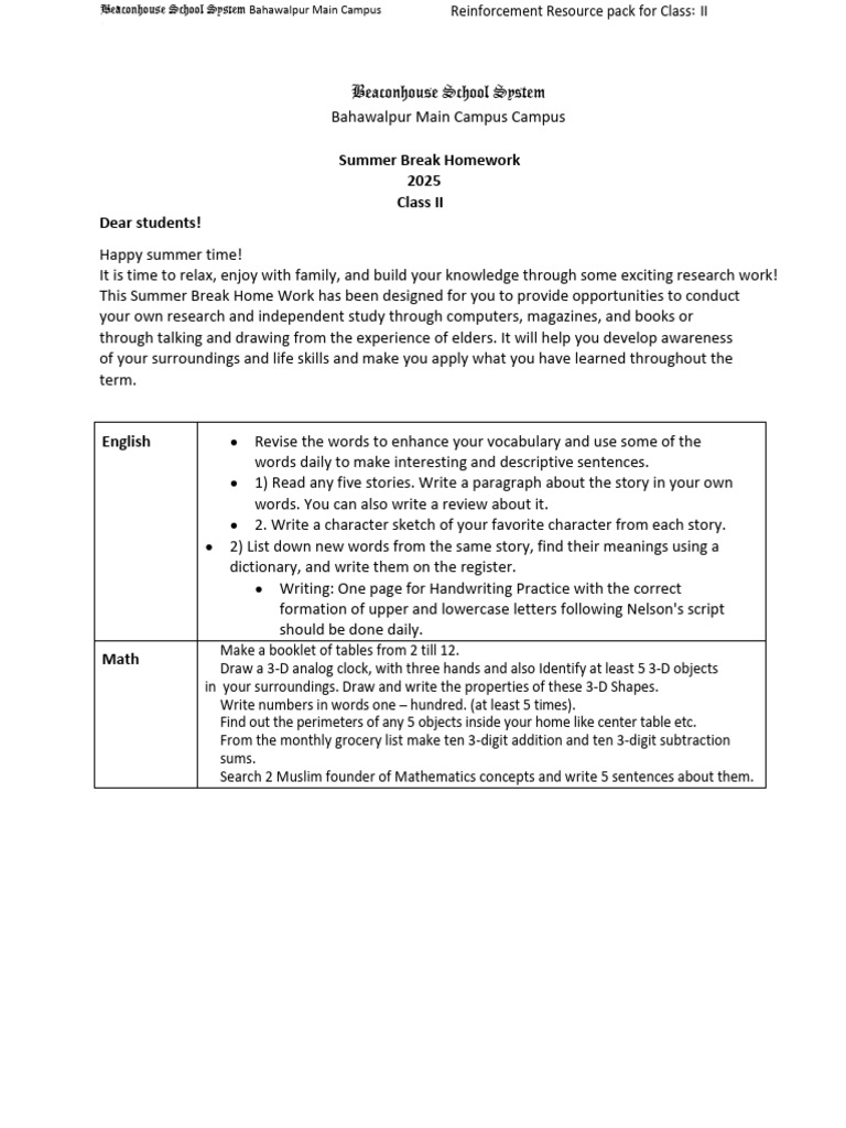 Summer Task For Grade II | PDF | Linguistics