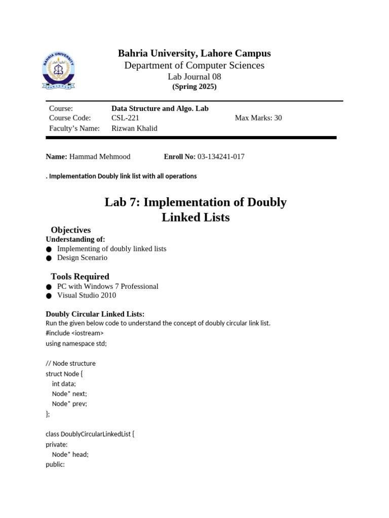 Doubly Circular Linked Lists Lab Journal | PDF | Pointer (Computer ...