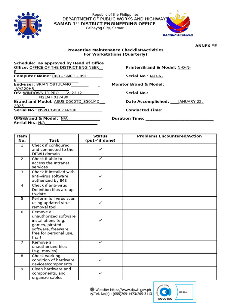 Quarterly Preventive Maintenance Form | PDF | Antivirus Software ...