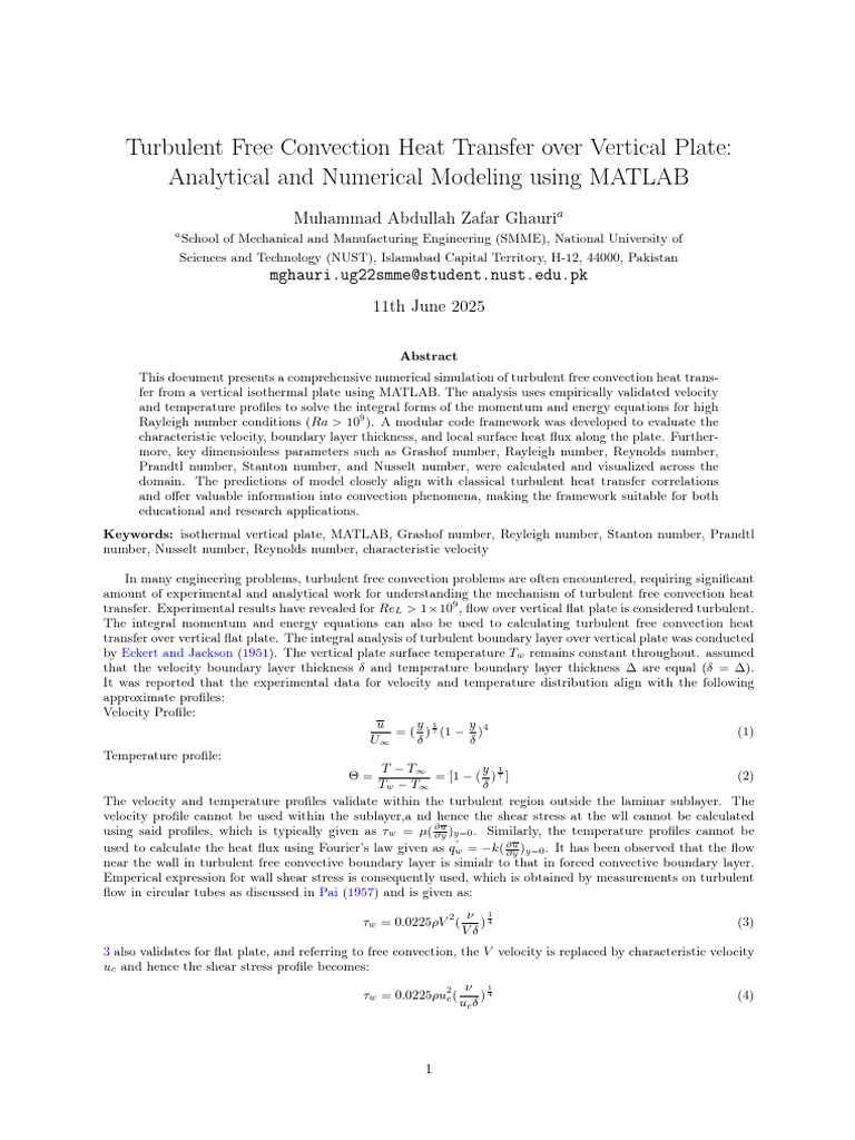Turbulent Free Convection Heat Transfer Over Vertical Plate Analytical ...
