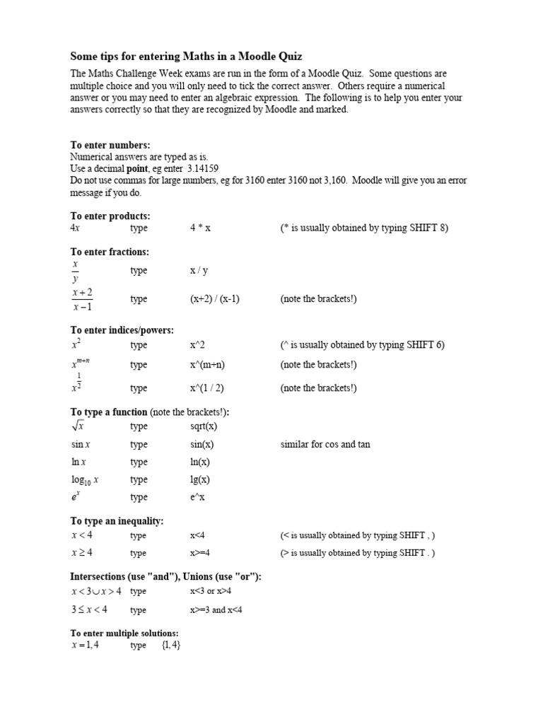 Moodle Quiz - Entering Maths | PDF