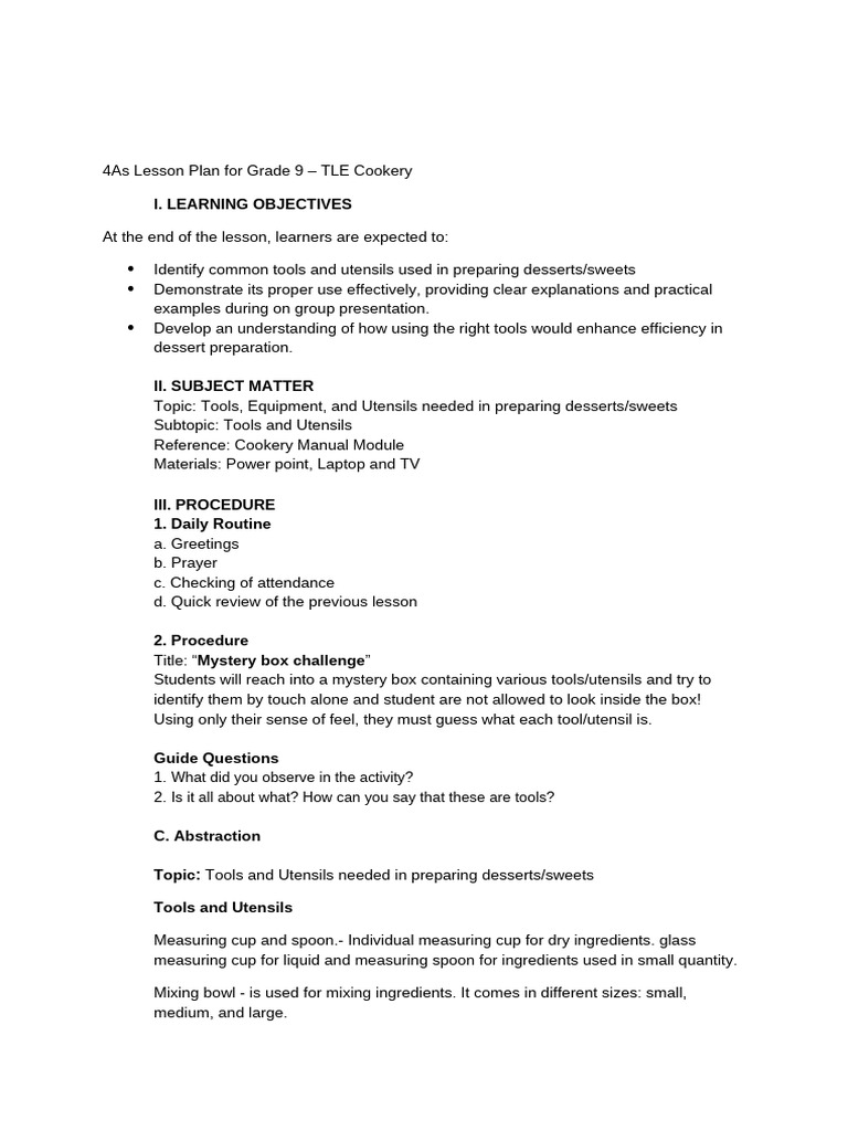 Grade 9 TLE Cookery Lesson Plan | PDF | Kitchen Utensil | Knife