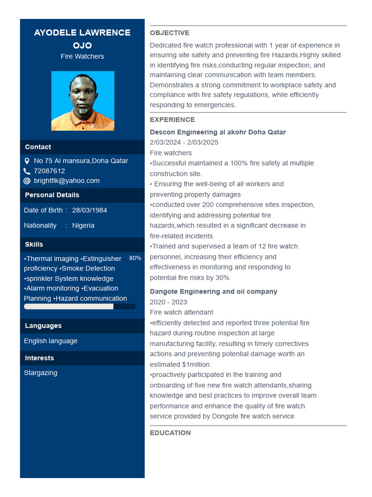 Fire Watch Professional Resume | PDF | Fire Safety | Occupational ...