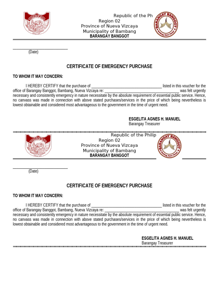 Certificate of Emergency Purchase - Barangay Banggot | PDF