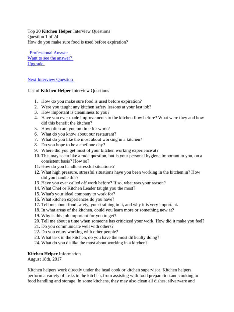 Essential Kitchen Helper Interview Questions | PDF | Chef | Kitchen