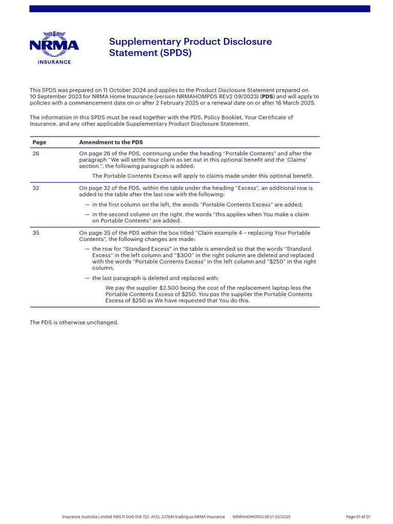 NRMA Home Insurance SPDS Update 2024 | PDF