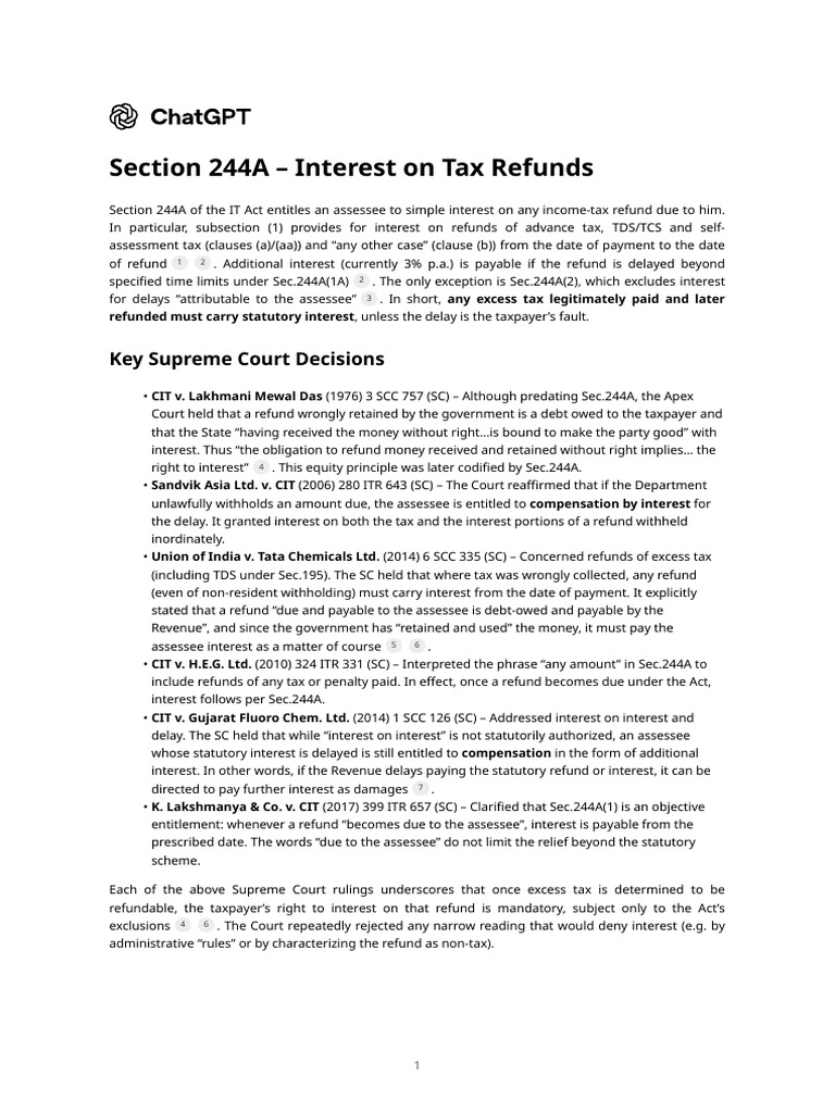 Section 244A - Interest On Tax Refunds | PDF | Tax Refund | Taxes