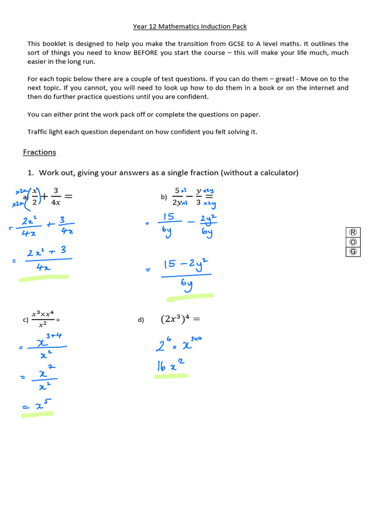 Year 12 Mathematics Induction Pack - Solutions | PDF
