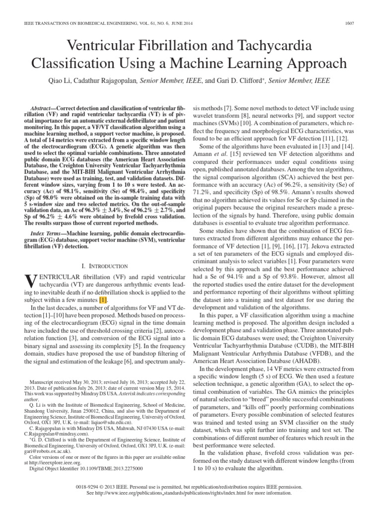 Machine Learning for VF/VT Classification | PDF | Electrocardiography ...