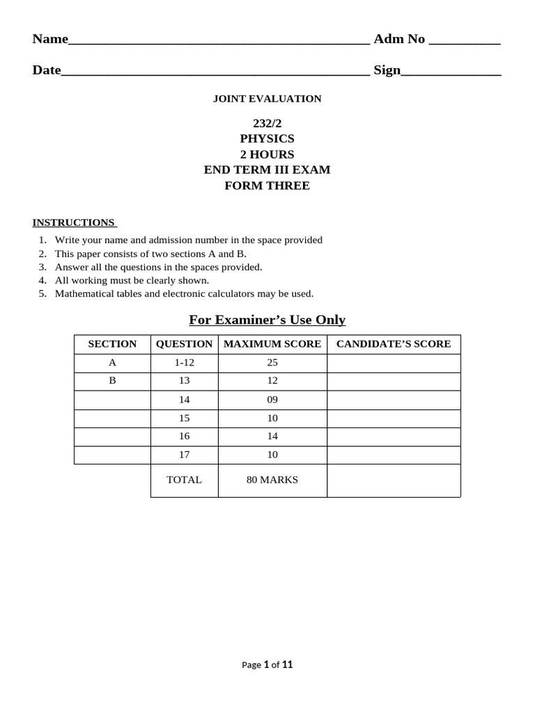 Form 3 2023 End t3 Physics Pp2 Qs Teacher - Co .Ke Set A | PDF ...