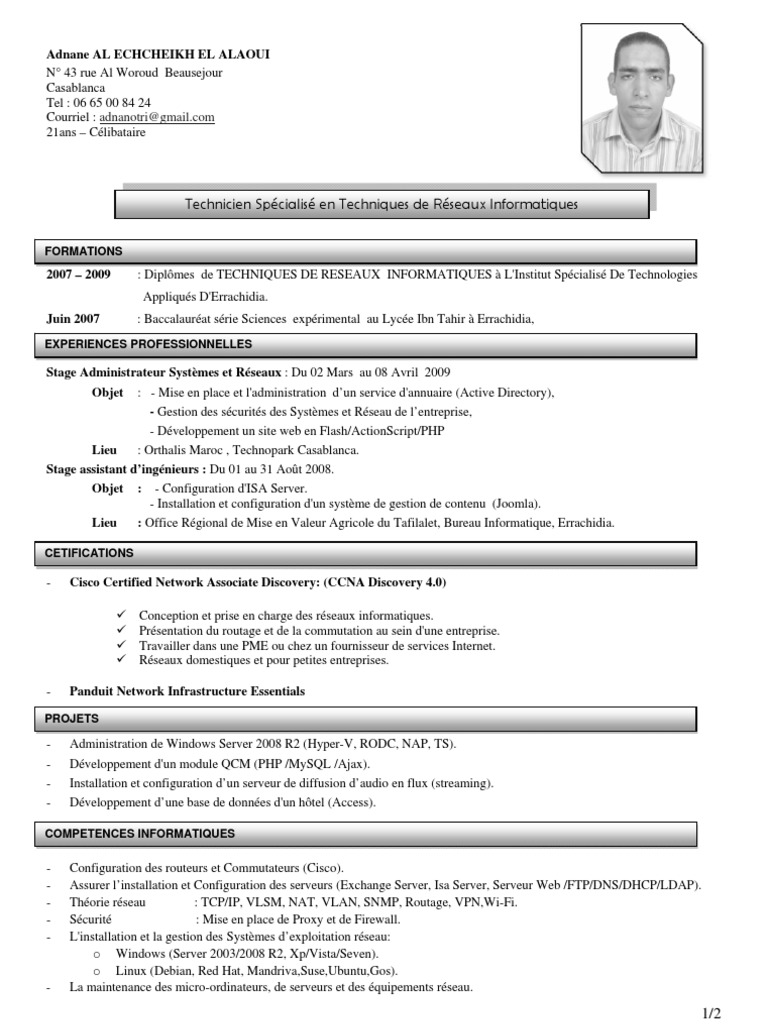 Cv Dun Technicien En Informatique