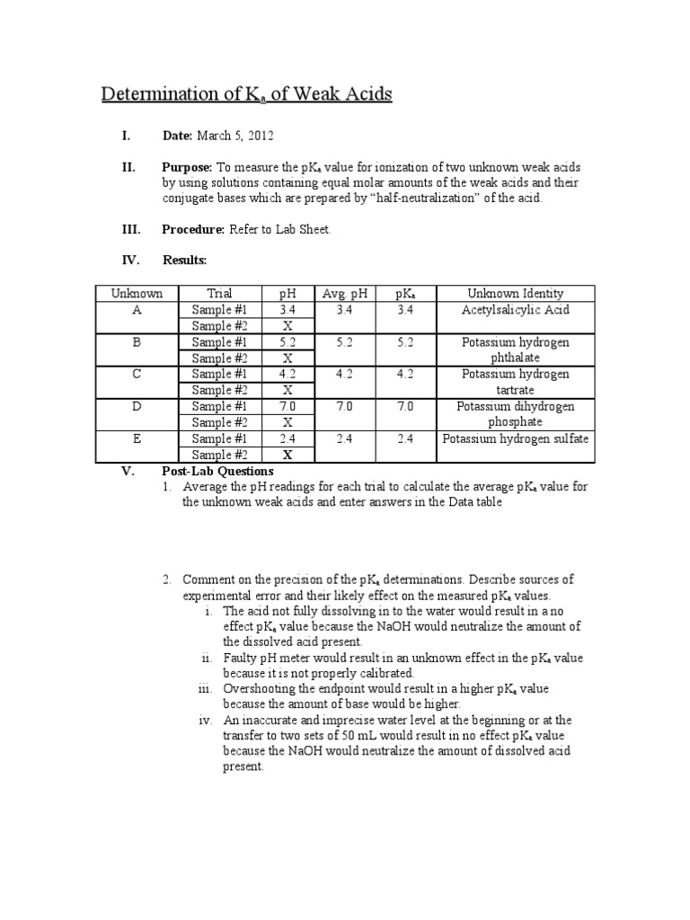 Determination Of Ka Of Weak Acids Lab Report Pdf Acid Dissociation Constant Ph