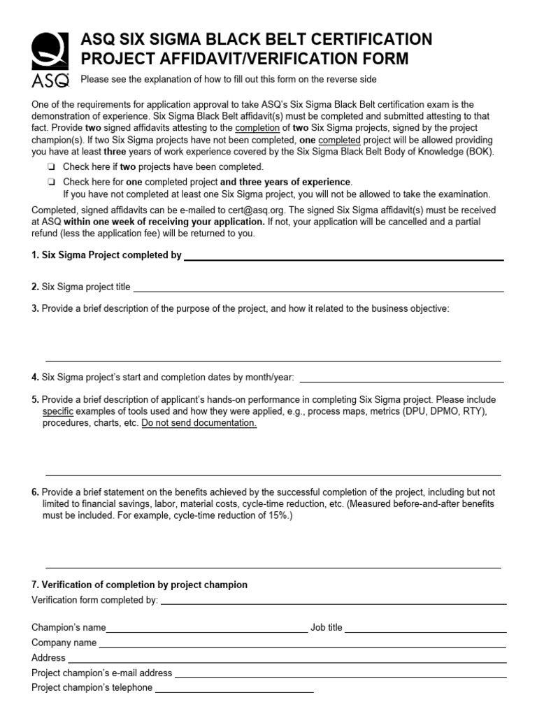Six Sigma Black Belt Project Affidavit | PDF | Six Sigma | Standard ...