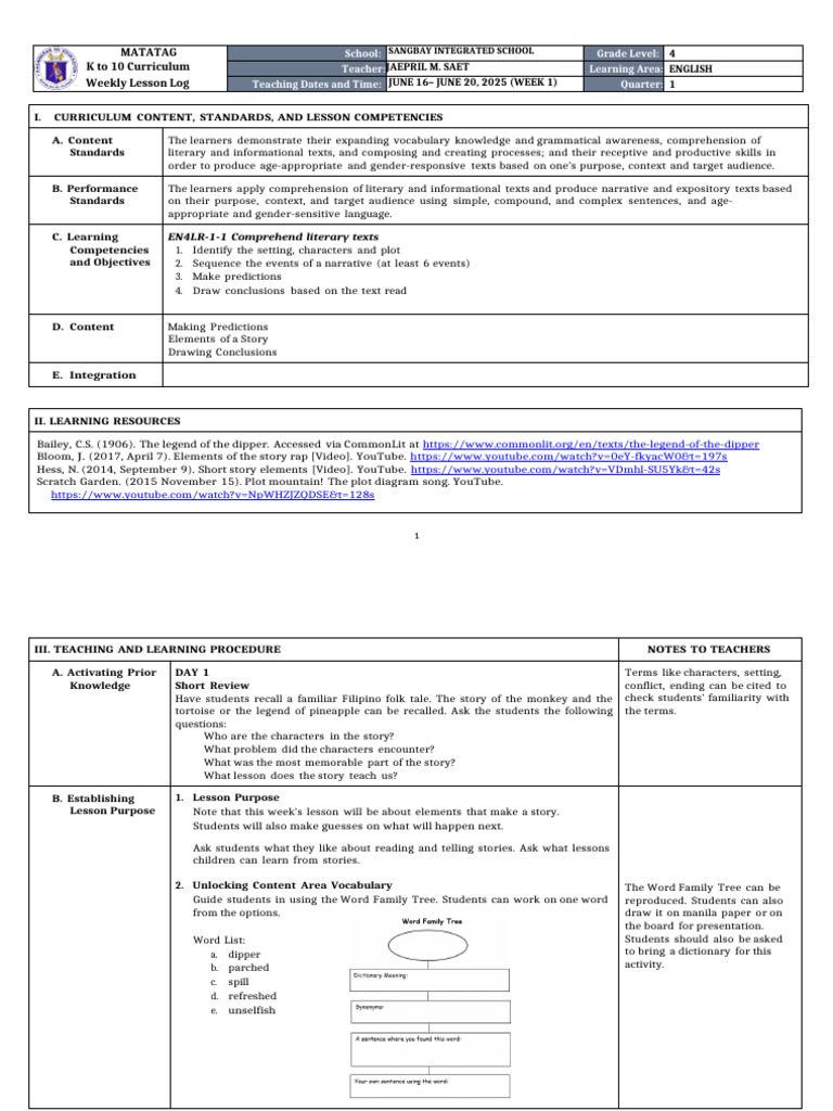 Dipper Story Elements for Grade 4 | PDF | Reading Comprehension | Human ...
