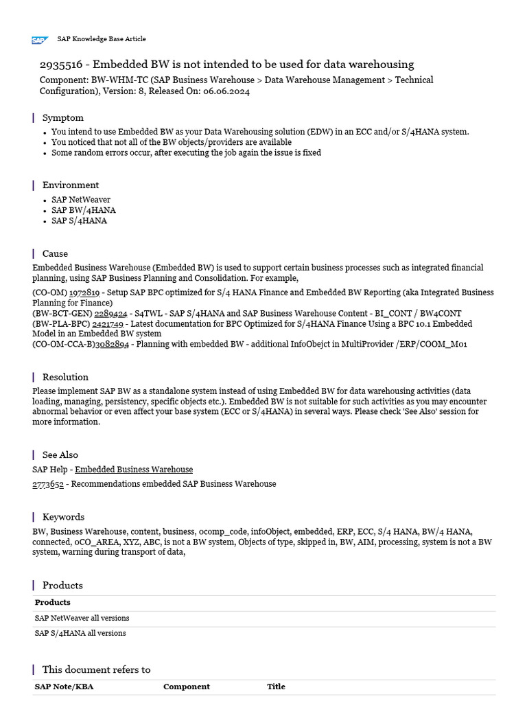 Embedded BW Not for Data Warehousing | PDF