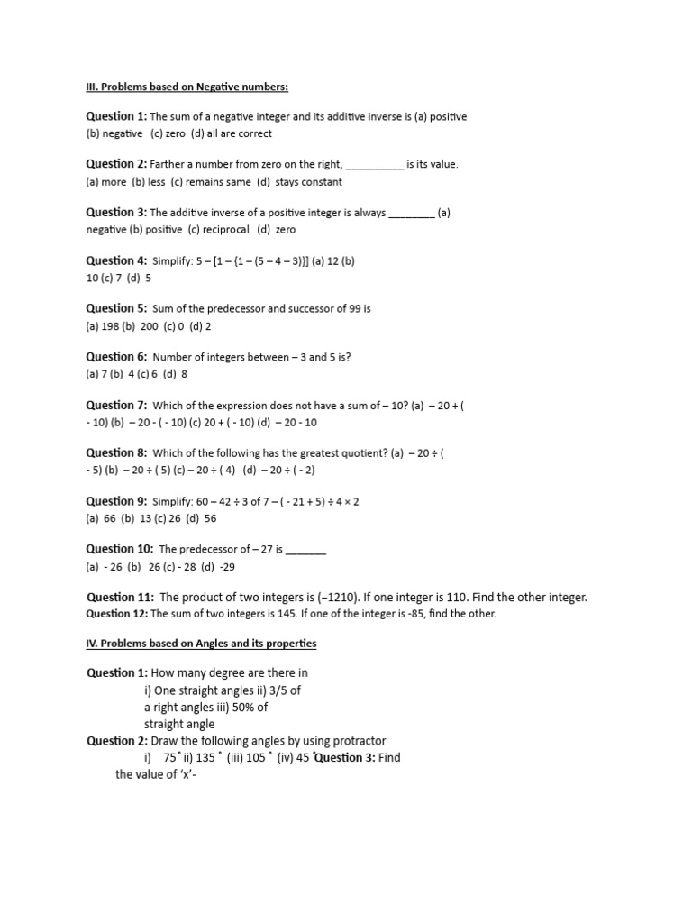 Negative Numbers and Angles Problems | PDF