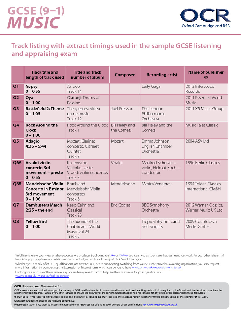 GCSE Music Exam Track Listings Guide | PDF | Orchestras | Concerto