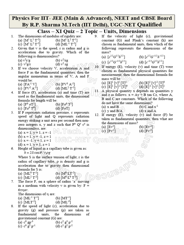 Physics Quiz: Units & Dimensions | PDF | Acceleration | Velocity