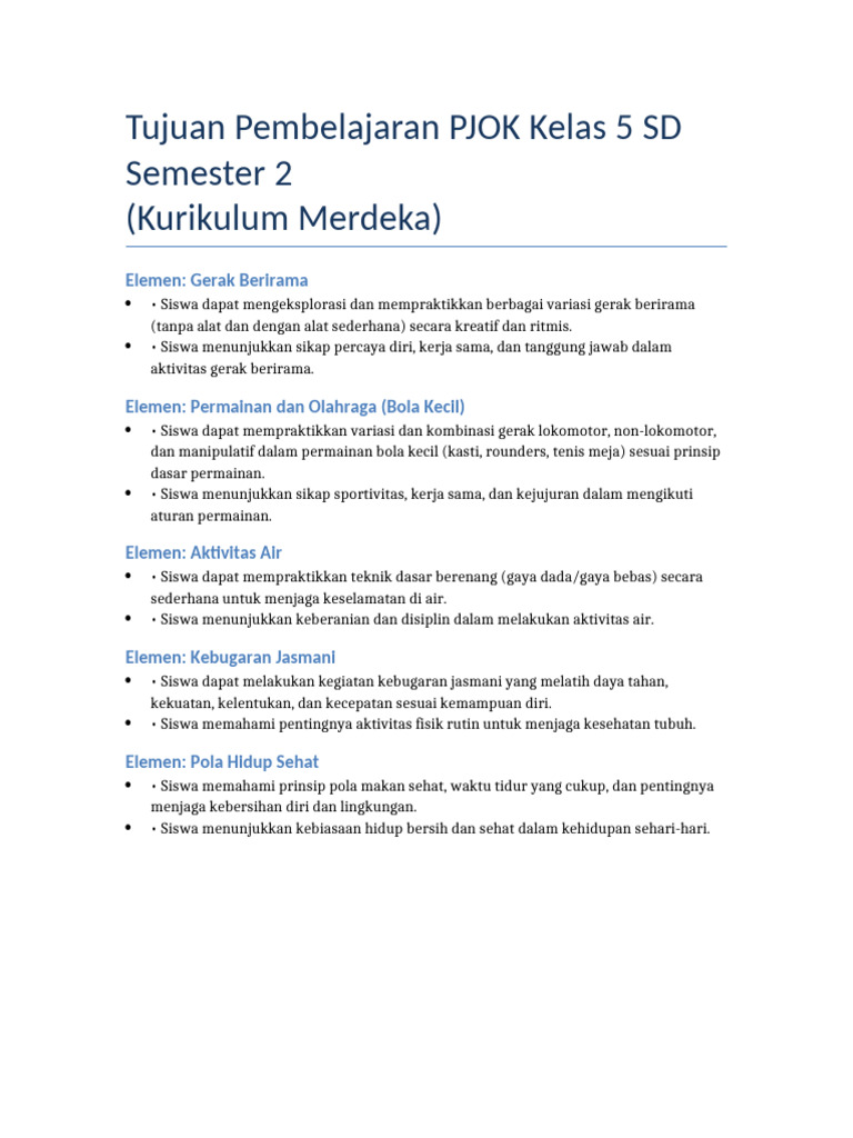 Tujuan Pembelajaran PJOK Kelas 5 SD | PDF