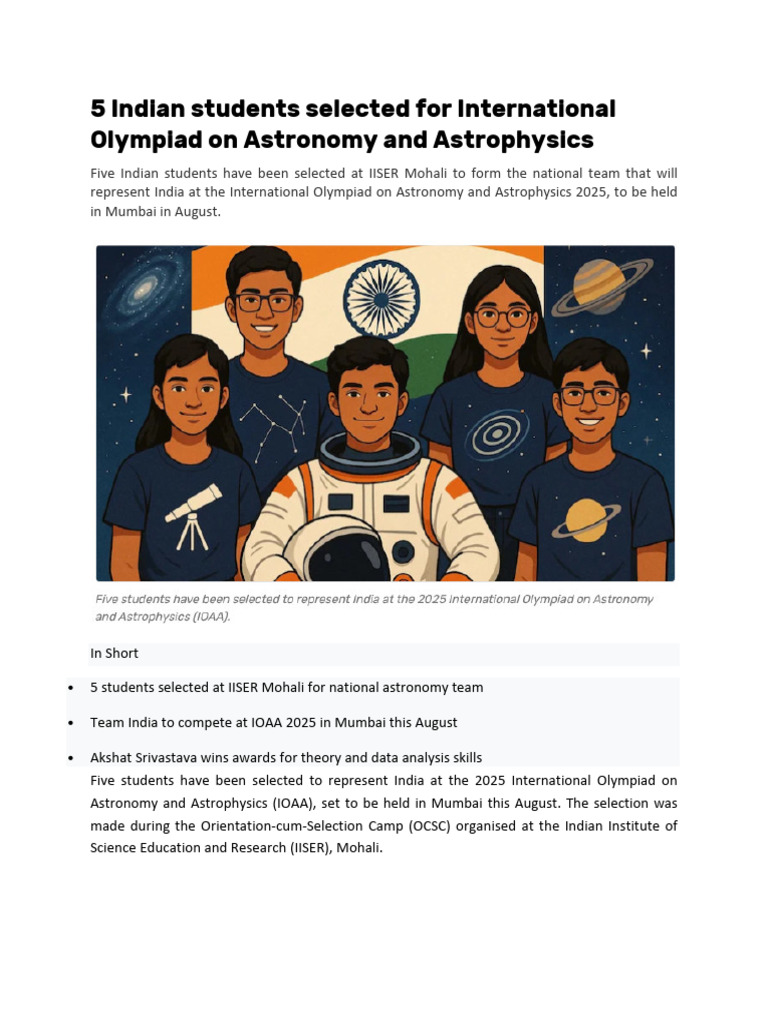 Indian Team for IOAA 2025 Selected | PDF | Astronomy | Physical Sciences