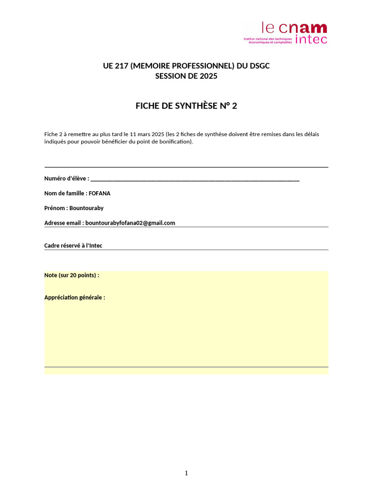 Fiche de synthèse mémoire DSGC 2025 | PDF