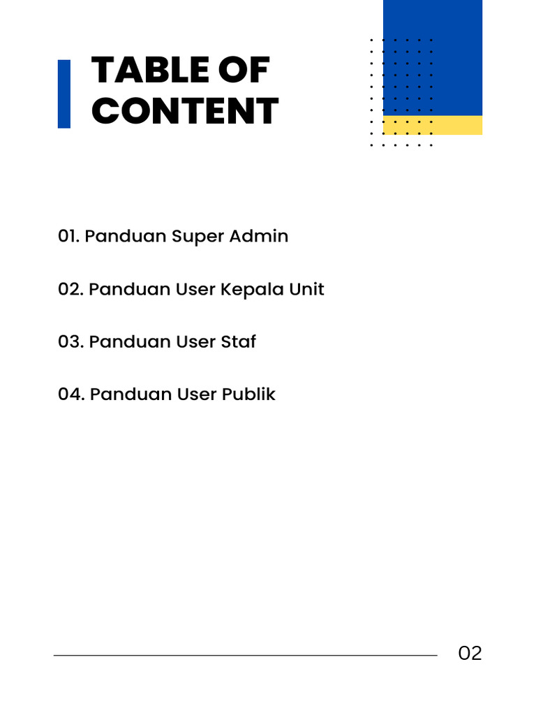 Table of Content: 01. Panduan Super Admin 02. Panduan User Kepala Unit ...