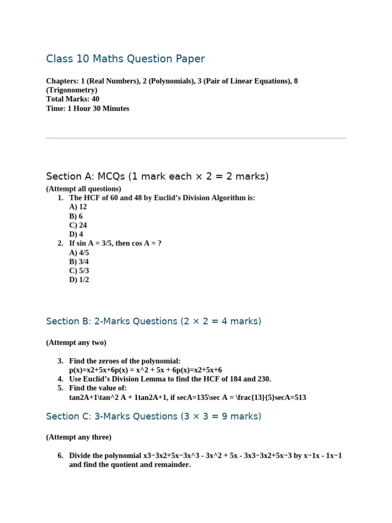 Class 10 Maths Question Paper Guide | PDF
