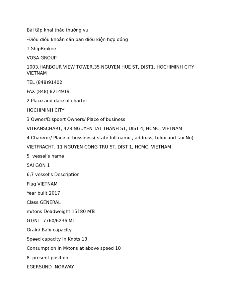 Charter Agreement for Vessel Sai Gon 1 | PDF | Cargo | Shipping