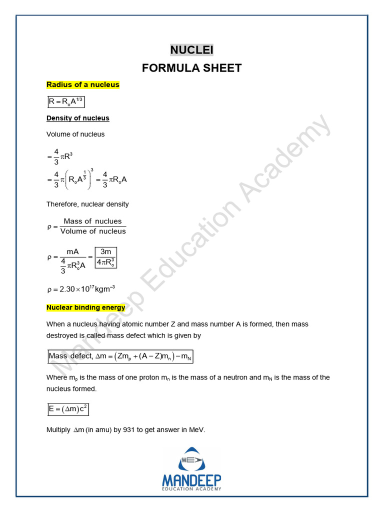 Nuclei Formula Sheet for Class 12 | PDF