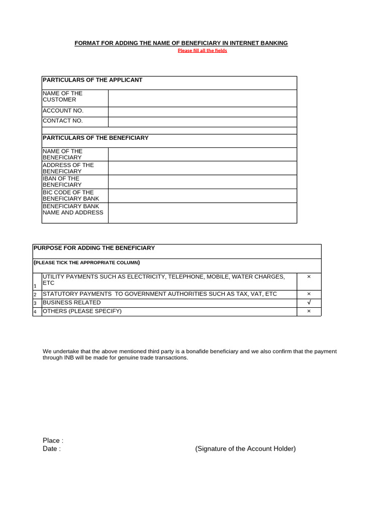 INB Beneficiary Approval Format | PDF
