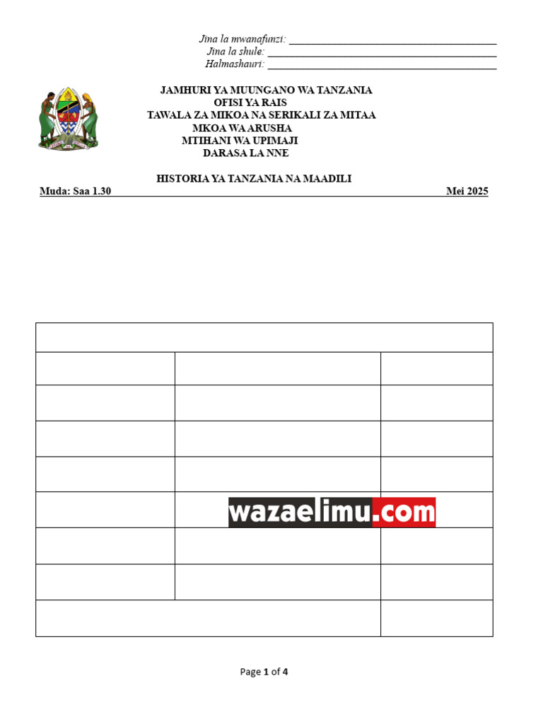 Historia Ya Tanzania Na Maadili STD 4 | PDF