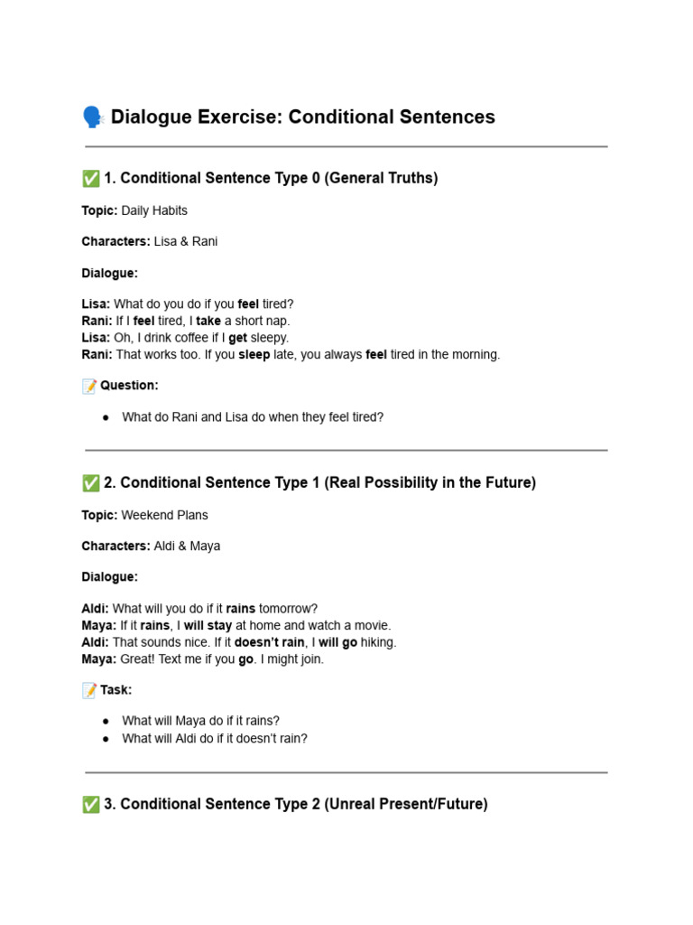 Conditional Sentences Dialogue Exercises | PDF