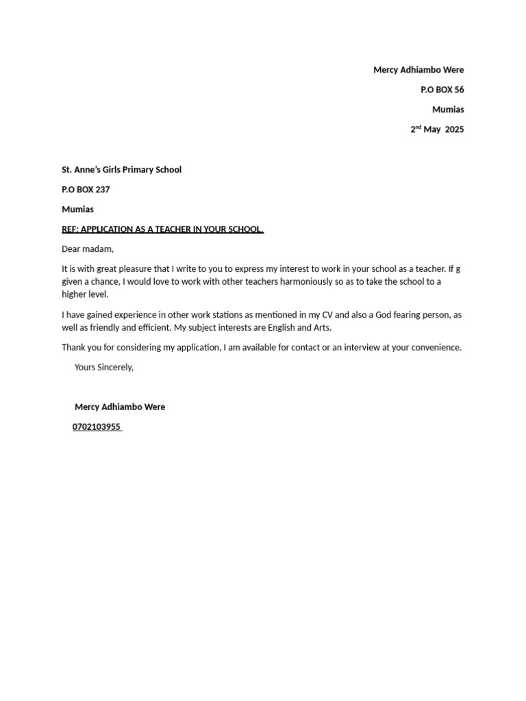 Teacher Application for St. Anne’s Mumias | PDF