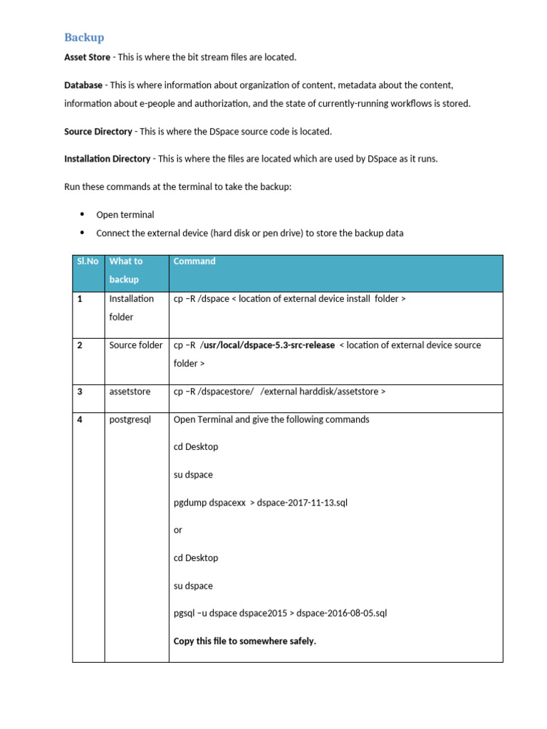 DSpace Backup Commands Guide | PDF