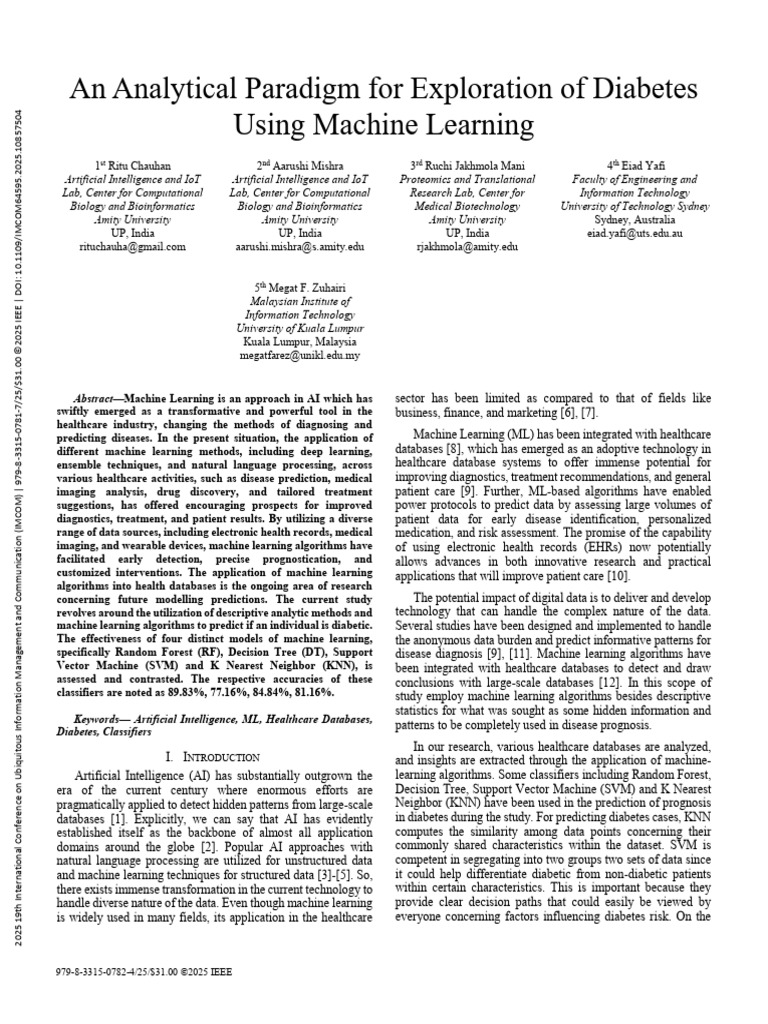 Machine Learning for Diabetes Prediction | PDF | Machine Learning ...