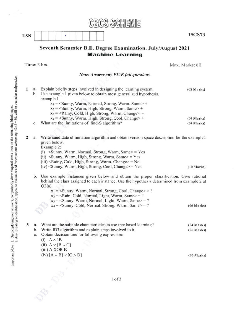 Be Cs 7 Sem Machine Learning 15cs73 Aug 2021 | PDF