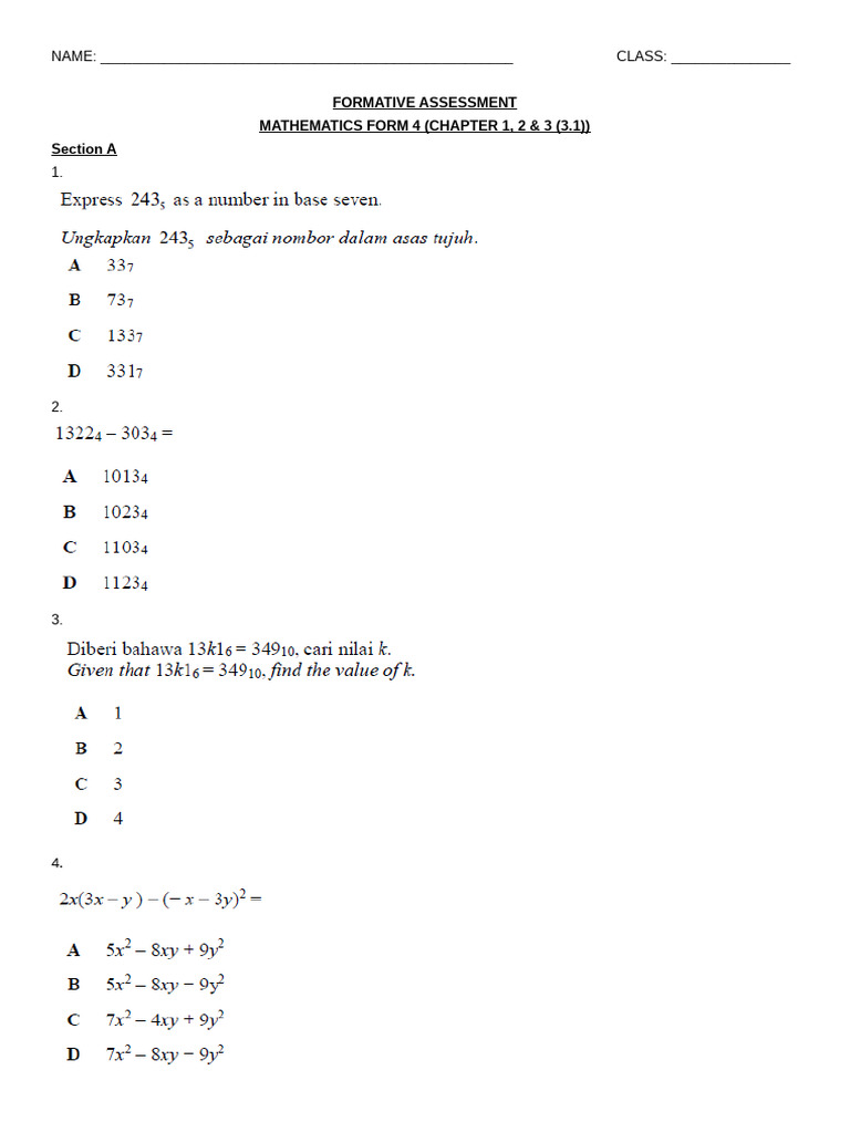 Formative Assessment: Math Form 4 | PDF