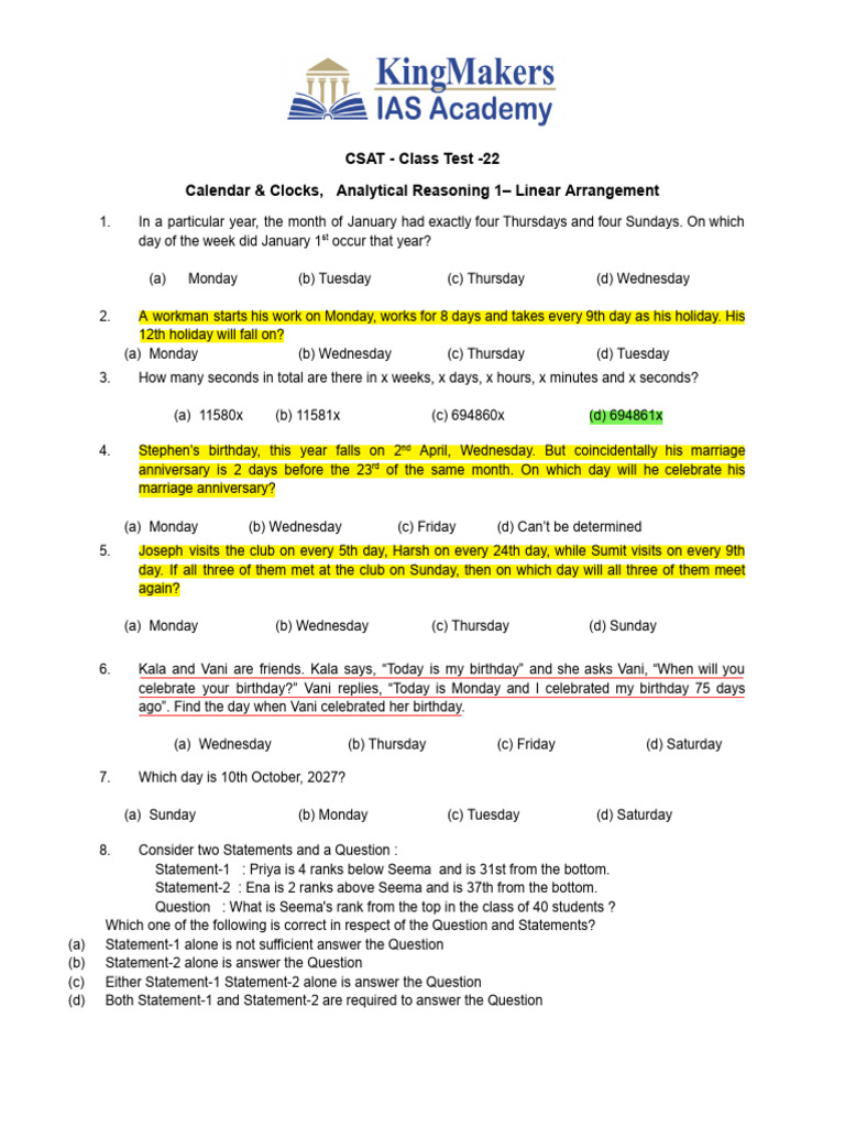 22 Calendar & Clocks, Analytical Reasoning - Linear Arrangement | PDF