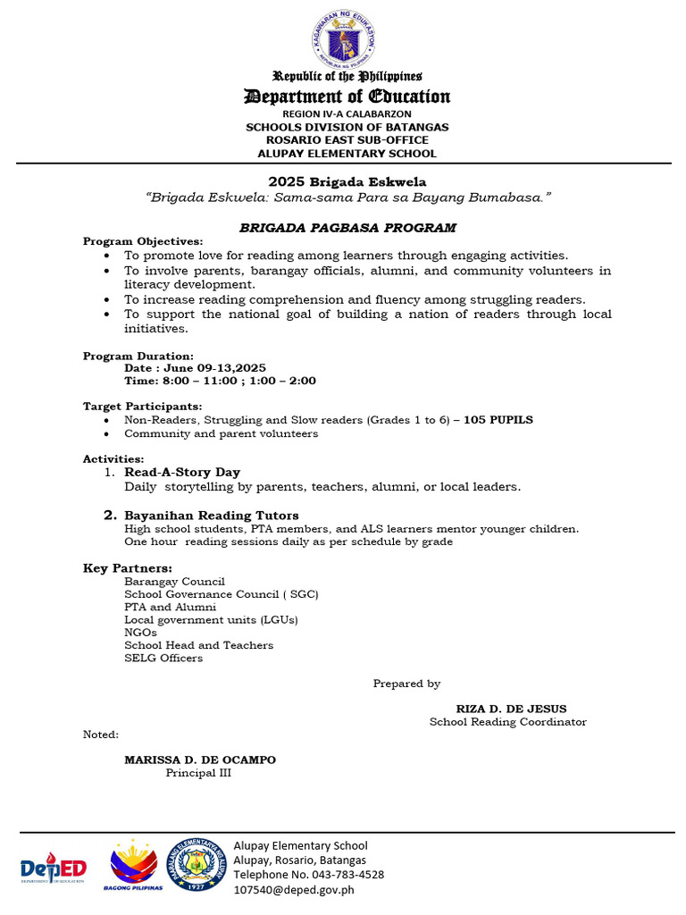 Brigada Eskwela 2025 Reading Program | PDF | Written Communication ...