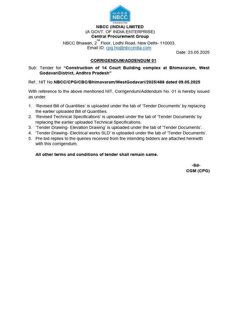 NBCC Tender Addendum for Court Complex | PDF