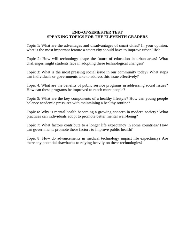 Grade 11 Speaking Topics Overview | PDF