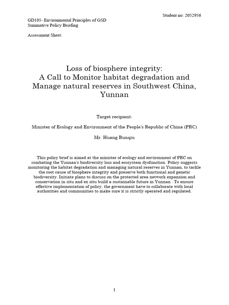 Policy Brief On Biosphere Integrity Loss in Yunnan | PDF | Biodiversity ...